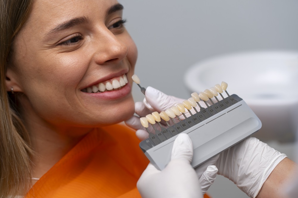 dentist checking veneers